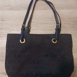 Michael Kors Black Logo Tote with Navy Straps and Gold Accents